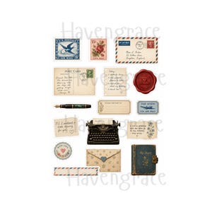 Puede incluir: Una colecci&oacute;n de pegatinas de papeler&iacute;a de estilo vintage que incluye una m&aacute;quina de escribir negra, un diario azul, una pluma estilogr&aacute;fica, un sello de cera rojo, sobres de correo a&eacute;reo, postales, sellos y notas manuscritas con flores.