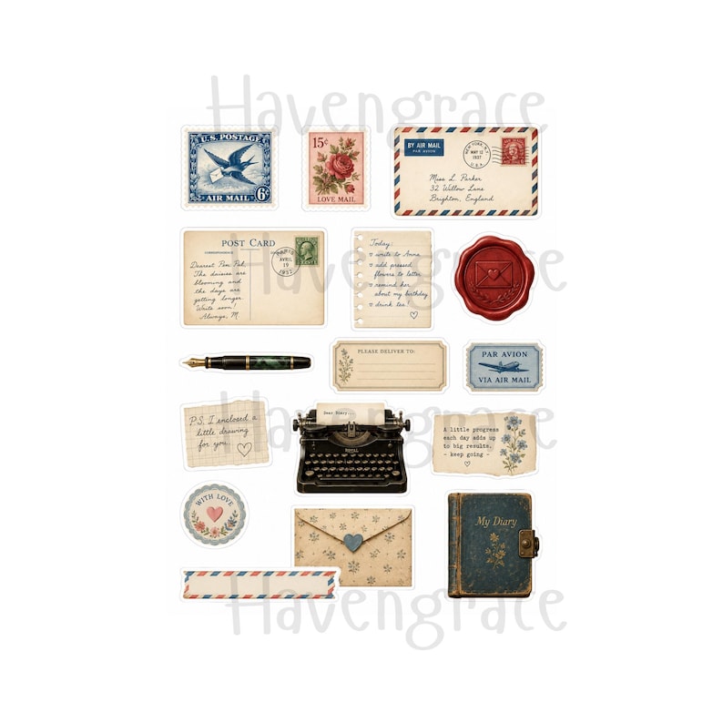 Puede incluir: Una colecci&oacute;n de pegatinas de papeler&iacute;a de estilo vintage que incluye una m&aacute;quina de escribir negra, un diario azul, una pluma estilogr&aacute;fica, un sello de cera rojo, sobres de correo a&eacute;reo, postales, sellos y notas manuscritas con flores.