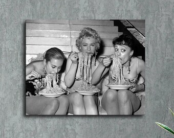 Women Eating Pasta Black And White Eating Spaghetti Vintage Funny Poster Modern Aesthetic Picture Wall Art Home Office Decoration