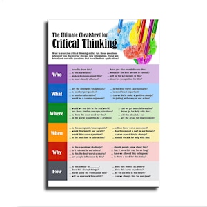 May include: A rectangular educational poster titled The Ultimate Cheatsheet for Critical Thinking. It features a colourful abstract design at the top with pencils and a grid layout organised by Who, What, Where, When, Why, and How categories.
