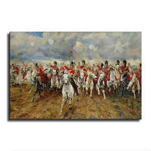 May include: An oil painting depicting a cavalry charge with soldiers in red uniforms and tall black hats riding white horses across a muddy field under a cloudy sky. The soldiers hold swords and flags while advancing forward in a group formation.