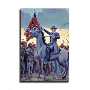 May include: A painting depicting a man in a gray military uniform riding a light-colored horse while holding a Confederate flag. The rider is surrounded by a group of soldiers in uniform, set against a cloudy, dim sky with muted colors.