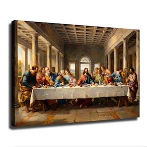 May include: A rectangular canvas print depicting The Last Supper, featuring thirteen figures seated at a long table covered with a white cloth. The scene is set within a classical architectural space with columns and a coffered ceiling.
