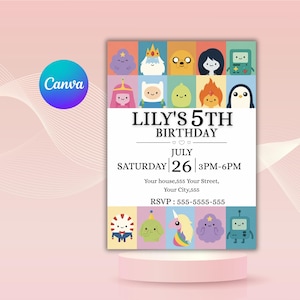 Adventure Time Digital Birthday Invitation | Collage Cartoon Characters| Editable Canva Template | Digital Download