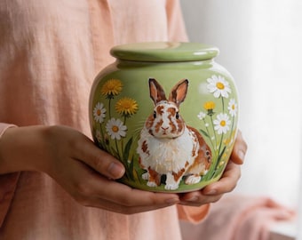 May include: A round, light green ceramic jar with a lid, featuring a painted illustration of a brown and white rabbit surrounded by yellow dandelion flowers and white daisy blossoms on the front surface of the container.
