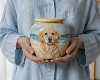Custom Ceramic Pet Portrait Urn for Dog Ashes Hand Painted Beach Ocean Memorial Urn Coastal Scene Pet Remembrance Gift Pet Urn