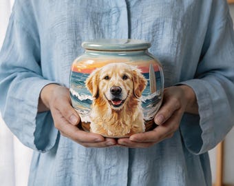 Puede incluir: Un tarro de cerámica con tapa que presenta una ilustración pintada de un perro golden retriever en una playa con olas del océano, un cielo al atardecer y una tabla de surf. El tarro tiene una forma redondeada y un acabado brillante.
