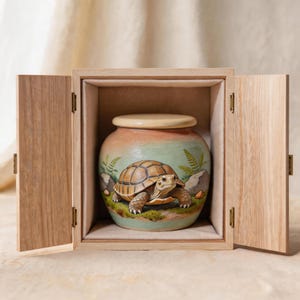 May include: A light-colored wooden box with two hinged doors standing open to reveal a ceramic urn inside. The urn features a hand-painted scene of a brown tortoise on a light green background with ferns and rocks, topped with a smooth beige lid.