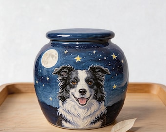 Pet Portrait Urn for Dog Ashes Hand Painted Celestial Moon and Stars Ceramic Dog Remembrance Gift Personalized with Dates