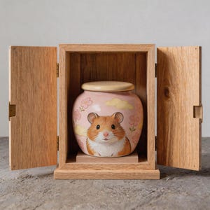 Peut inclure: Un pot en céramique rose clair orné d'une illustration de hamster peinte avec de petites fleurs roses et des nuages jaunes, placé dans une armoire en bois clair avec deux portes ouvertes et une base en bois assortie pour le pot.