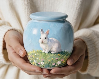 May include: A round ceramic jar with a matching lid, featuring a hand-painted scene of a white rabbit sitting in a field of green grass and small colorful flowers against a light blue sky background, with visible brushstroke textures.