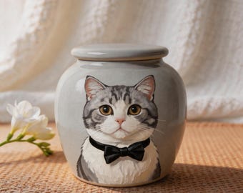 Cat Portrait Urn Bow Tie on Dove Grey Jar Hand Painted Ceramic Silver Tabby Cat Urn for Ashes Custom Pet Memorial from Photo