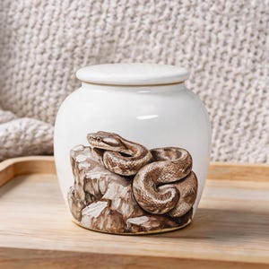 Pet Snake Portrait Urn: Personalized Ceramic Cremation Urn Coiled Serpent Painted from Your Photo on Sunlit Rocks