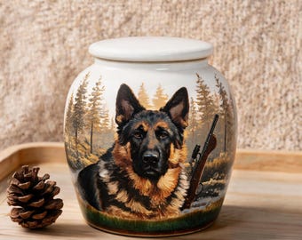 Op de afbeelding: Een witte keramische urn met een gedetailleerde illustratie van een Duitse herder die in een bosrijke omgeving zit, met een geweer ernaast. De urn heeft een rond lichaam en een bijpassend afneembaar deksel met een boslandschap.