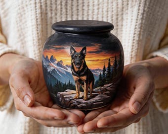 Dog Urn for Ashes Pet Hand Painted Ceramic German Shepherd Portrait Urn with Mountain Sunset Ridge Personalized Name and Dates