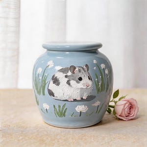 May include: A light blue ceramic jar with a lid, featuring a hand-painted illustration of a white and grey hamster surrounded by white flowers and green grass. A single soft pink rose is positioned next to the base of the jar.
