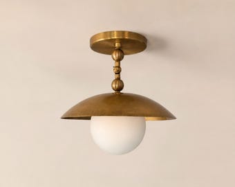 Handcrafted Brass Semi Flush Mount Ceiling Light | Mid Century Modern Opal Glass Globe Lamp