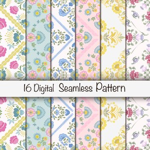 Pode incluir: Uma coleção de 16 padrões digitais sem costura com vários motivos florais e linhas geométricas em paletas de cores pastel, incluindo rosa, azul, amarelo e verde. O texto 16 Digital Seamless Pattern está centralizado na imagem.