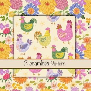 Estampa colorida de galinhas de fazenda – Design divertido e sem costura de galinha e galo, papel digital fofo com animais para decoração infantil em tecido.