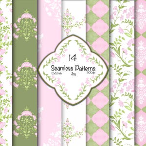 Könnte beinhalten: Eine Sammlung von 14 nahtlosen digitalen Mustern mit floralen und geometrischen Motiven in Rosa, Weiß und Salbeigrün. Ein zentrales Etikett zeigt den Text 14 Seamless Patterns 12x12inch Jpg 300dpi, umrahmt von einer dekorativen Rankenbordüre.