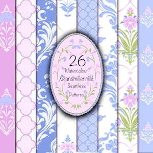 Watercolour Grandmillennial seamless patterns, Pastel floral digital paper, preppy background ,Repeating pattern , Digital Download