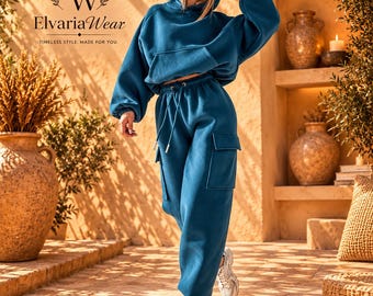 Ensemble sweat à capuche bleu turquoise et pantalon cargo pour femme, tenue décontractée deux pièces
