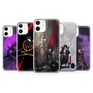 May include: Five clear smartphone cases featuring various anime-style character illustrations. The designs include figures in dark capes, formal attire, and armor against backgrounds of purple, black, and red, showcasing detailed artistic portraits.