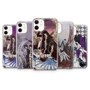 May include: A collection of five clear smartphone cases, each featuring a detailed anime-style illustration of characters in elaborate, dark-toned formal attire with wings, swords, and ornate crowns, set against dramatic, colorful backgrounds.