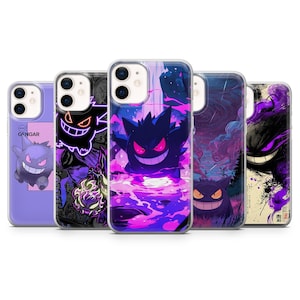 May include: Five clear smartphone cases featuring various graphic illustrations of the purple ghost-like character Gengar. The designs include neon outlines, artistic ink-wash styles, and vibrant purple and pink color palettes with the text GENGAR.