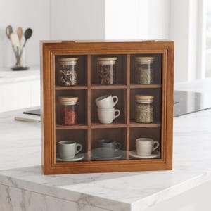 Wooden Curio Cabinet, 9 Compartment Display, Clear Front Case, Miniature Organizer, Classic Collectible Storage