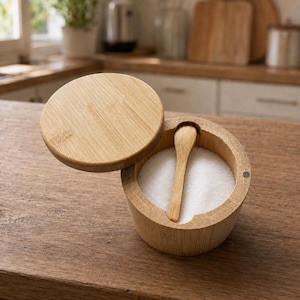 Op de afbeelding: Een ronde zoutpot van bamboe met een draaibaar deksel en een klein houten lepeltje erin. De houder is gevuld met wit zout en heeft een zichtbaar magnetisch sluitpunt aan de zijkant van de rand, wat de natuurlijke houtnerf benadrukt.