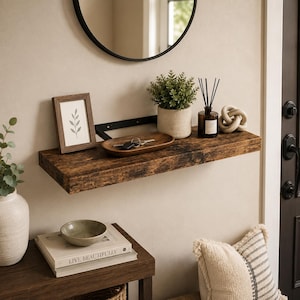 Rustic Wooden Floating Shelf, Industrial Wall Storage, Farmhouse Display Ledge with Black Metal Brackets