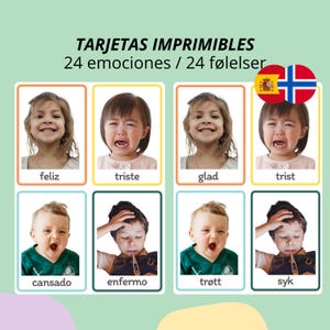 Könnte beinhalten: Ein Set aus druckbaren Karten mit 24 Emotionen, beschriftet mit TARJETAS IMPRIMIBLES 24 emociones / 24 følelser. Die Karten zeigen Fotos von Kindern, die verschiedene Gefühle wie glücklich, traurig, müde und krank ausdrücken, mit Text auf Spanisch und Norwegisch.