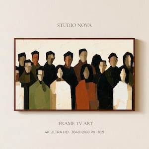 May include: A rectangular framed digital artwork titled STUDIO NOVA FRAME TV ART 4K ULTRA HD 3840x2160 PX 16:9. The image depicts a group of abstract figures in dark, muted tones of black, brown, olive green, and cream against a textured off-white background.