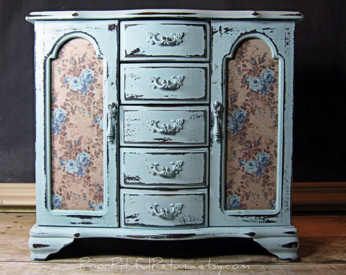 Hand Painted Dresser Jewelry Box, Vintage Aqua, French Decoupage