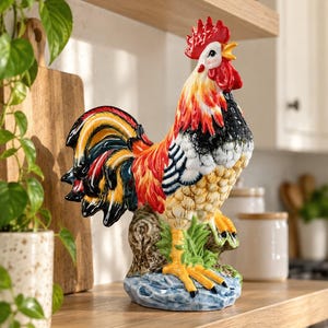May include: A ceramic rooster figurine featuring a vibrant color palette of red, yellow, orange, black, and white. The rooster stands on a textured base resembling a rock with green grass accents, with its head tilted upward and beak open.