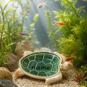 May include: A ceramic turtle-shaped dish with a green shell pattern and the word name printed in black in the centre. The dish is positioned on a light-coloured sandy bottom inside an aquarium filled with green aquatic plants and small fish.