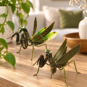 Può includere: Due sculture decorative di mantide religiosa realizzate in metallo testurizzato verde scuro e marrone. Ogni figura di insetto presenta antenne prominenti, grandi occhi verde chiaro, zampe anteriori ripiegate e ali estese con accenti gialli.