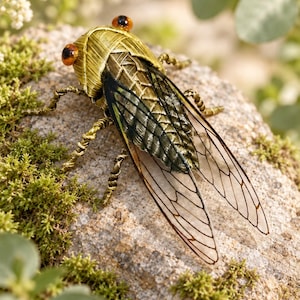May include: A handcrafted cicada sculpture made from woven metallic wire in shades of gold and green. The insect features prominent orange eyes with black pupils and long, translucent wings with detailed vein patterns, resting on a textured surface.