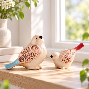 Statuetta di uccello in ceramica, ornamento smaltato color crema con ali a volute marroni, coda blu o rossa, decorazione per mensole in stile cottagecore, decorazione per la casa e l'ufficio.