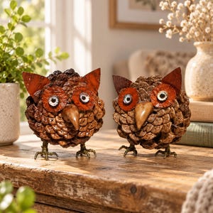 May include: Two owl figurines crafted from brown pinecones. Each owl features large, round orange eyes with white pupils, pointed brown ears, and a curved beak. The figures stand on thin, dark metal legs with clawed feet, showcasing a textured, natural appearance.