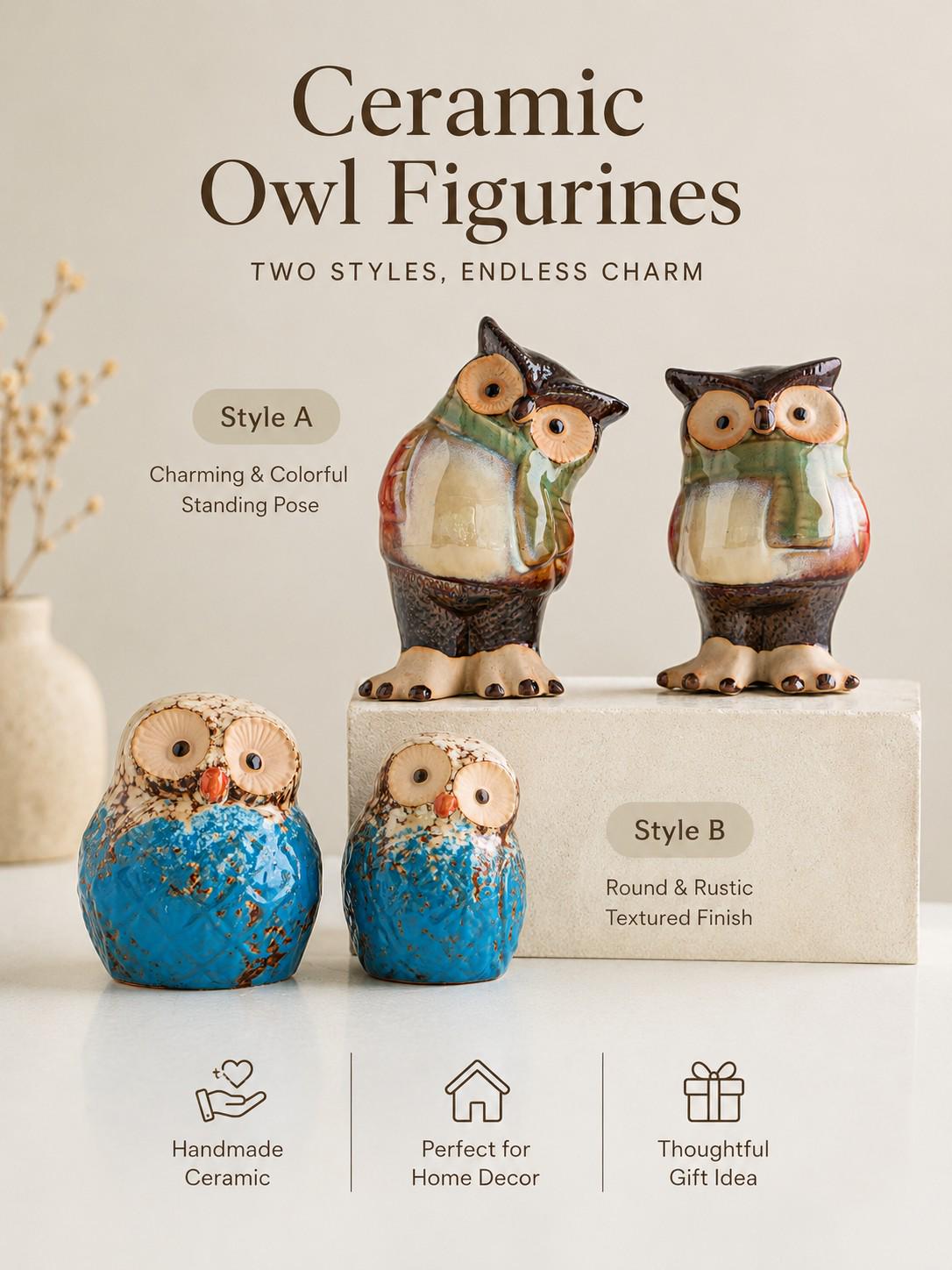 Ceramic Owl Figurine Handmade Porcelain Bird Statue Cute Animal Decor Small Shelf Ornament Home Deco