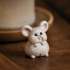 May include: A small, light beige mouse figurine with a textured surface, large rounded ears, and two dark, glossy eyes. The mouse is depicted in a seated position with its front paws tucked near its chest, featuring a rounded body and a small nose.