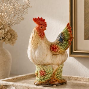Puede incluir: Una figura de gallo de cerámica con un cuerpo de color crema brillante, una cresta y barbillas de color rojo vibrante, y una cola con detalles en verde y azul. La base está esculpida con hojas verdes y pequeñas flores rojas con acabado texturizado.