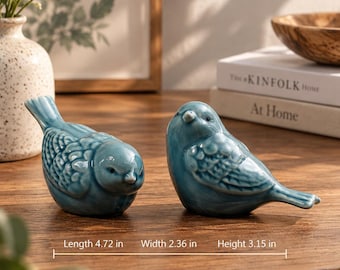 Figuritas de pájaros de cerámica color turquesa, pequeña pareja de pájaros esmaltados para decorar estantes y repisas, acento decorativo estilo cottagecore, regalo de inauguración para amantes de las aves.