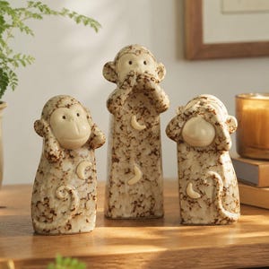 Decoratie met de Drie Wijze Apen, keramische beeldjes uit Jingdezhen, 'Zie niets, hoor niets, spreek niets', set beeldjes voor op een plank, bureaudecoratie, cadeau, zen-huisdecoratie