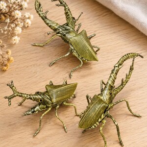 May include: Three handcrafted beetle figurines made from woven green palm leaves. Each insect features intricate textures, prominent mandibles, and small dark eyes. The beetles are depicted in various poses, showcasing detailed craftsmanship and natural green tones.