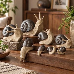 May include: A collection of seven snail figurines of varying sizes, each featuring a textured beige body and a smooth, dark brown spiral shell. The snails are arranged in a group, with some positioned on wooden surfaces and one on a stone block.