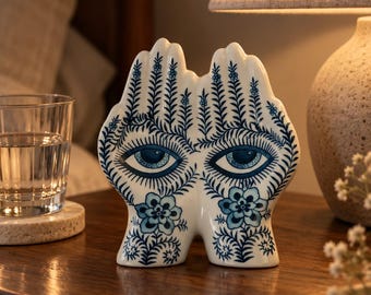 Blue and White Ceramic Hamsa Hands Sculpture, Evil Eye Floral Figurine, Hand of Fatima Tabletop Decor for Shelf, Desk, Housewarming Gift