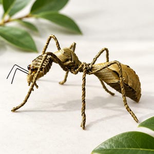 Op de afbeelding: Een decoratief mierenbeeldje gemaakt van gevlochten goudbruine plantenvezels. Het insect heeft een gesegmenteerd lichaam, dunne draadachtige poten en twee kleine, donker amberkleurige kraaloogjes. De voelsprieten zijn van dunne, donkere draad.